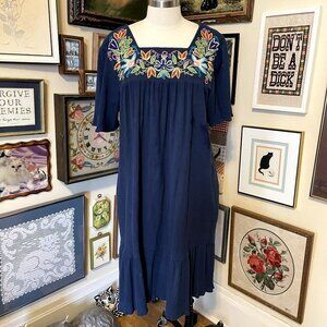 80s Vintage National Dark Blue 100% Cotton Patio Dress with Floral Embroidery 2X